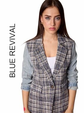 Blue Revival Women's Blue Plaid Blazer Vest with Denim Sleeves - Size M